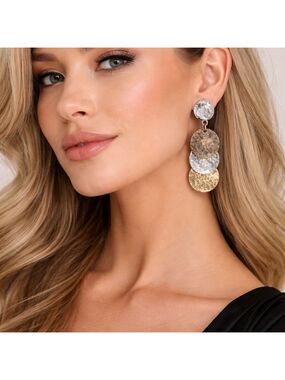 Chico’s Hammered Mixed Metal Disc Dangle Earrings Gold Silver Bronze